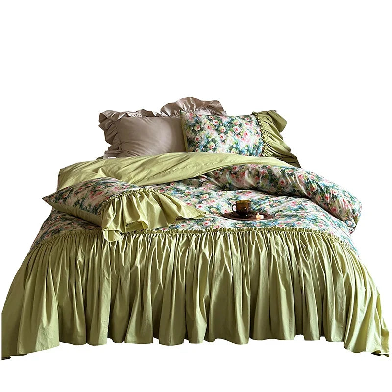 Bedding Set 100% Cotton Reversible Floral Ruffled Trim 4-Piece
