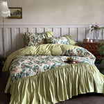 Bedding Set 100% Cotton Reversible Floral Ruffled Trim 4-Piece