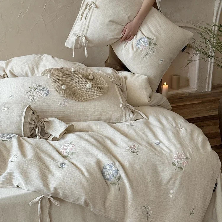 Bedding Set 4-Piece Breathable Cotton-Linen Floral Embroidery