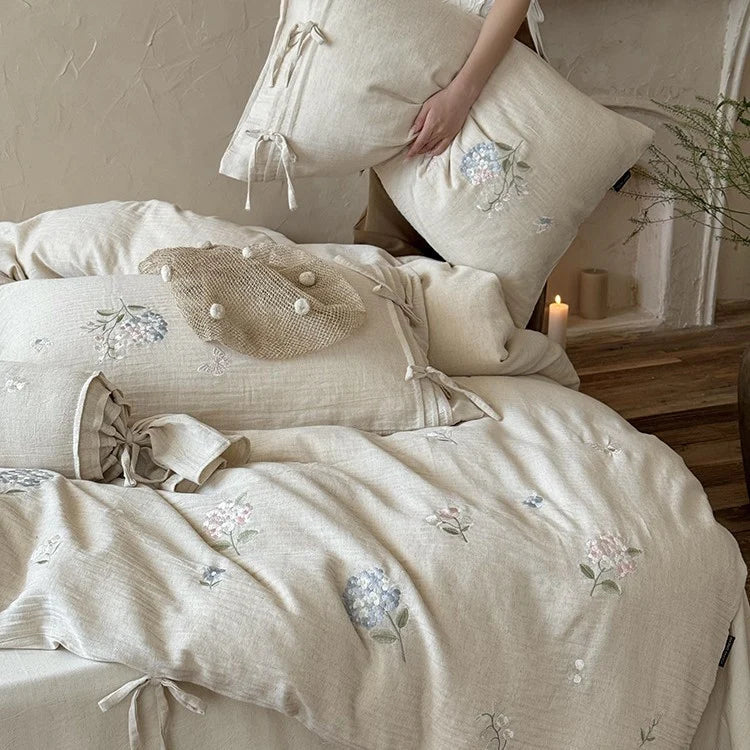 Bedding Set 4-Piece Breathable Cotton-Linen Floral Embroidery