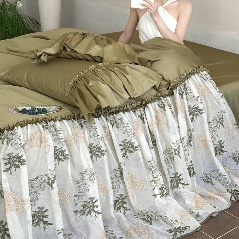 Bedding Set 4-Piece Cotton Satin Breathable Embroidered Tulle