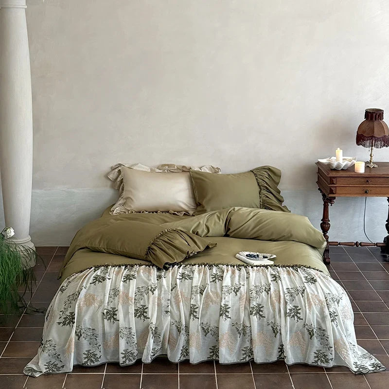 Bedding Set 4-Piece Cotton Satin Breathable Embroidered Tulle