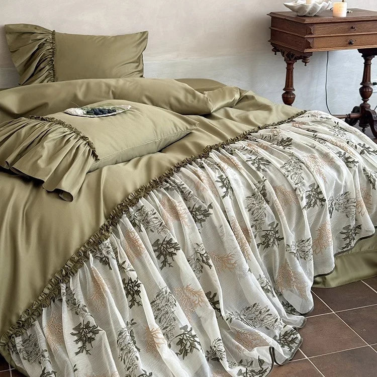Bedding Set 4-Piece Cotton Satin Breathable Embroidered Tulle