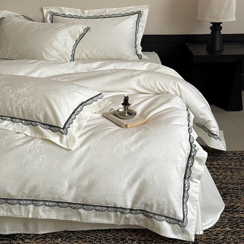 Bedding Set 4-Piece Cotton Satin Jacquard Lace Trim