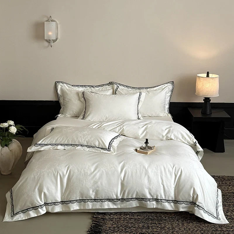 Bedding Set 4-Piece Cotton Satin Jacquard Lace Trim