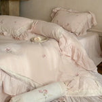Bedding Set 4-Piece Linen-Cotton Blend Vintage Rose Embroidery