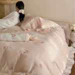 Bedding Set 4-Piece Linen-Cotton Blend Vintage Rose Embroidery