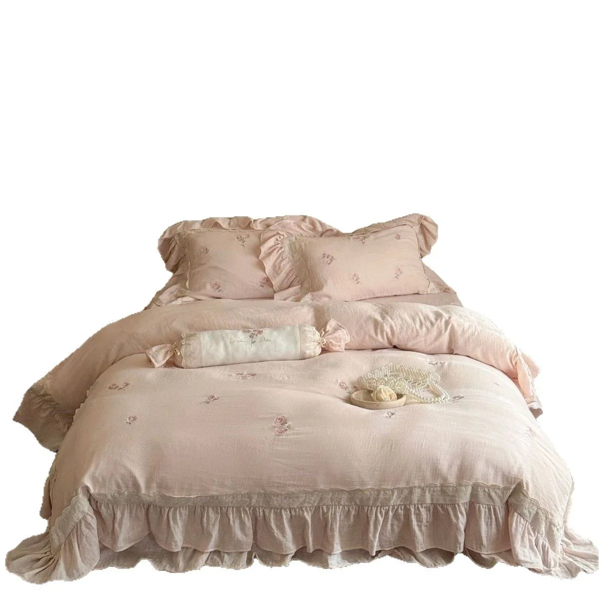 Bedding Set 4-Piece Linen-Cotton Blend Vintage Rose Embroidery