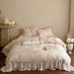 Bedding Set 4-Piece Linen-Cotton Blend Vintage Rose Embroidery