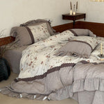 Bedding Set 4-Piece Linen-Cotton Breathable Floral Ruffle Trim