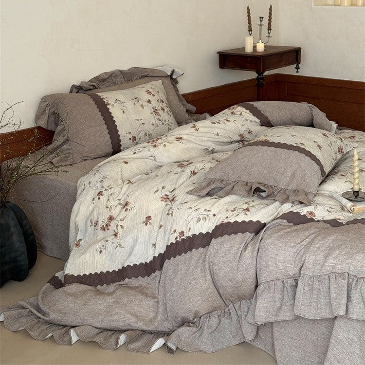 Bedding Set 4-Piece Linen-Cotton Breathable Floral Ruffle Trim