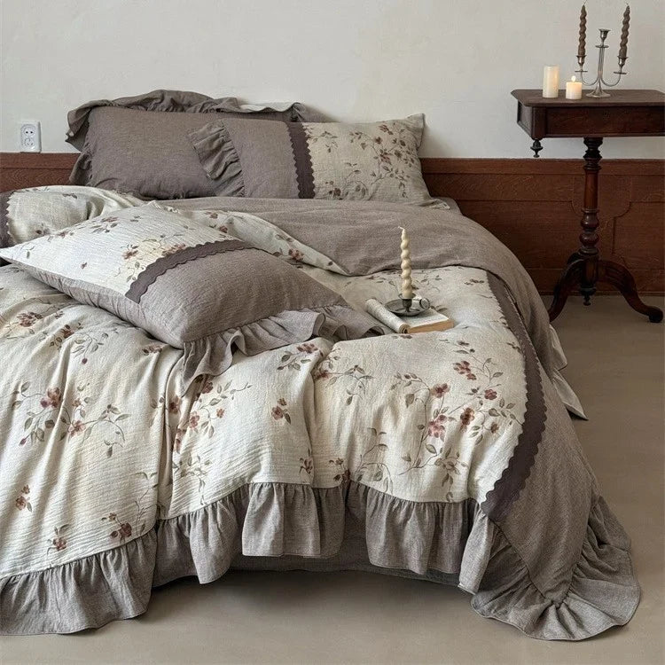 Bedding Set 4-Piece Linen-Cotton Breathable Floral Ruffle Trim