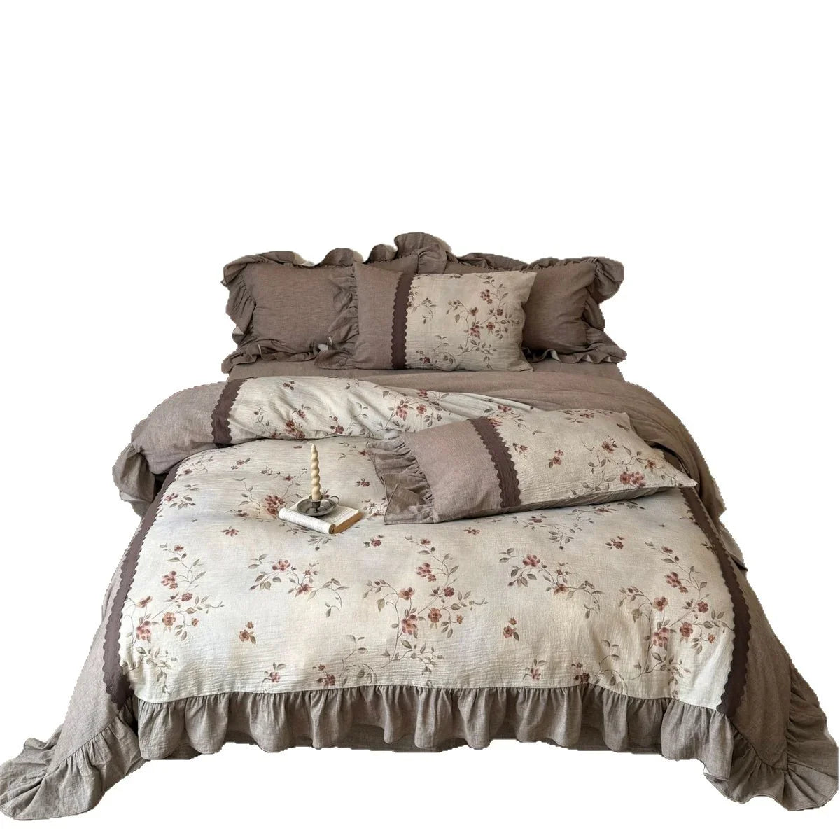 Bedding Set 4-Piece Linen-Cotton Breathable Floral Ruffle Trim