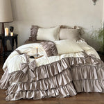 Bedding Set 4-Piece Linen-Look Layered Ruffles Bed Skirt