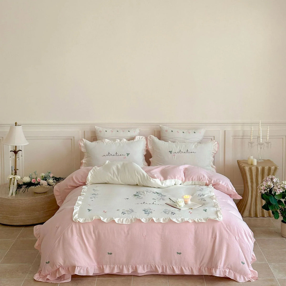 Bedding Set 4-Piece Premium Cotton Ruffled & Floral Embroidery