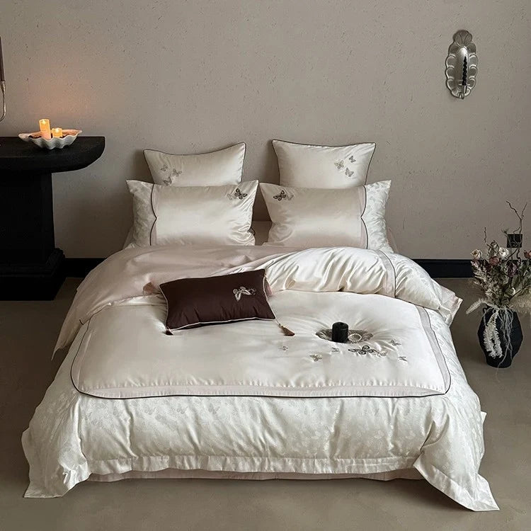 Bedding Set 4-Piece Satin Cotton Blend Embroidered Butterfly