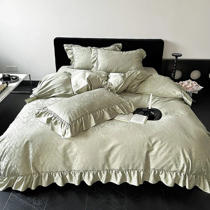 Bedding Set 4-Piece Satin Jacquard Ruffled Edges