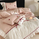 Bedding Set 4-Piece Satin-Like Cotton Blend Heart Embroidery