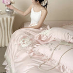 Bedding Set 4-Piece Silky Cotton Satin Rose Embroidery