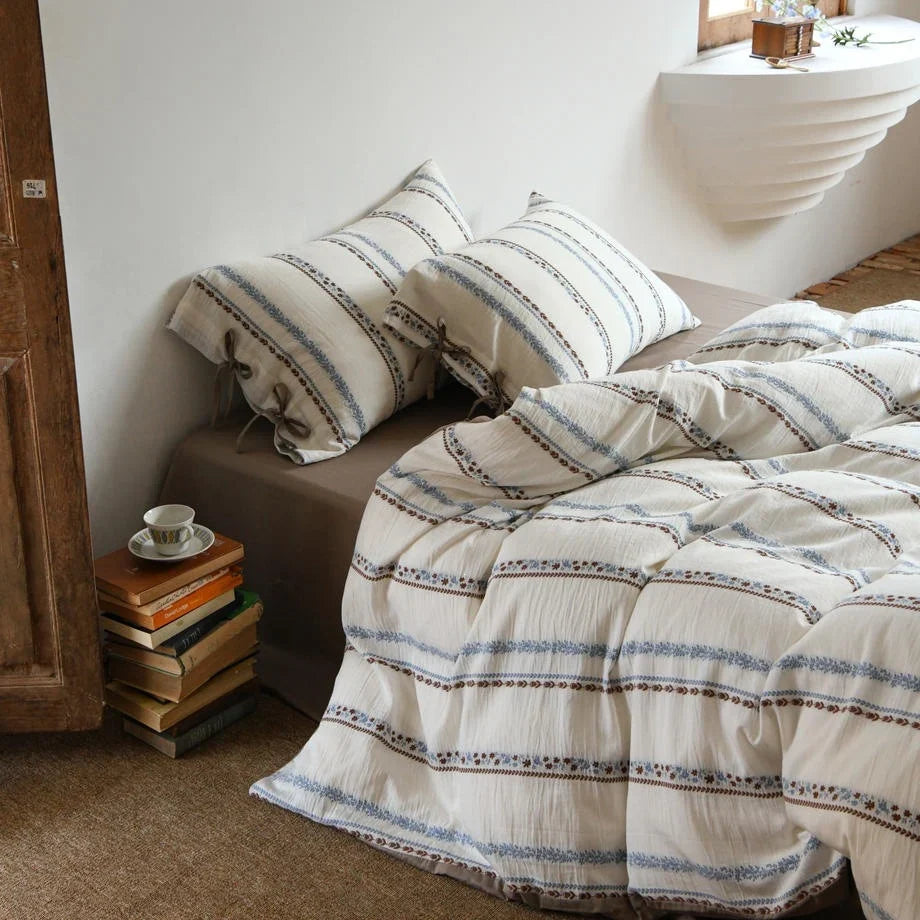 Bedding Set Breathable Cotton Embroidered Stripes & Floral Accents