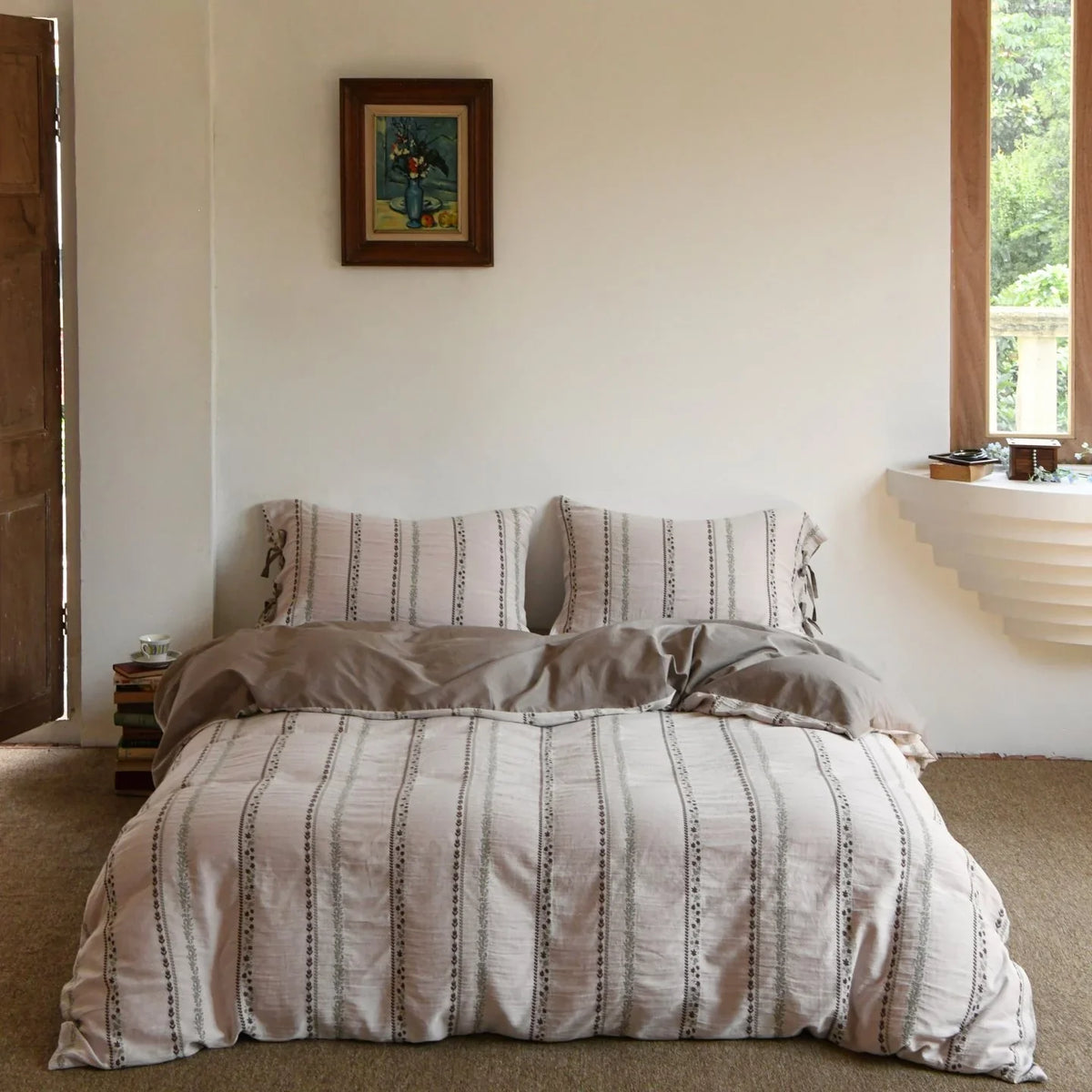 Bedding Set Breathable Cotton Embroidered Stripes & Floral Accents