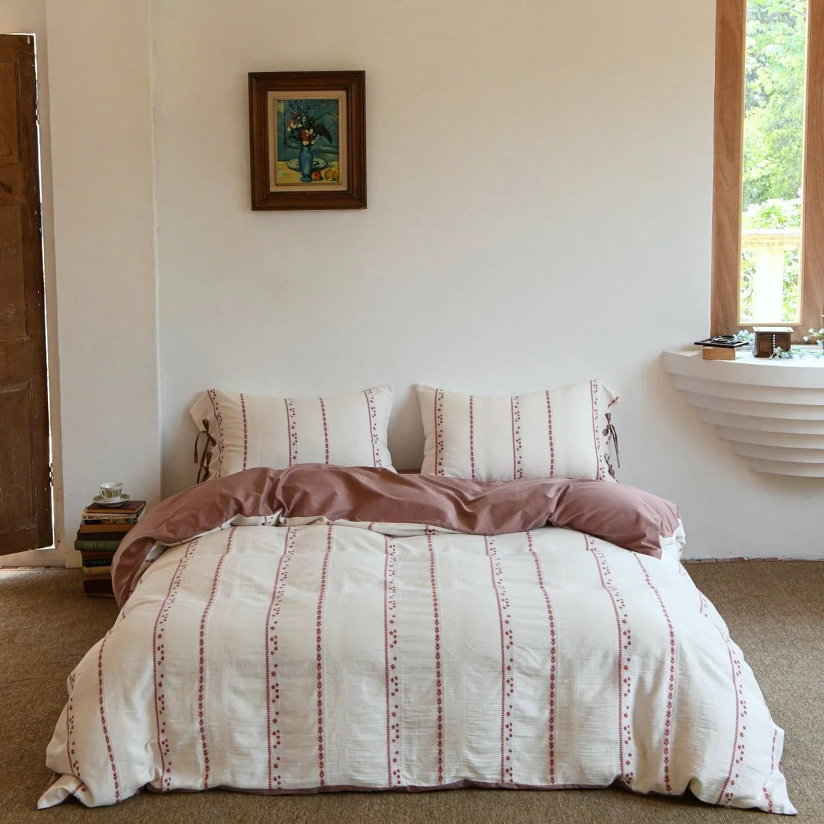 Bedding Set Breathable Cotton Embroidered Stripes & Floral Accents