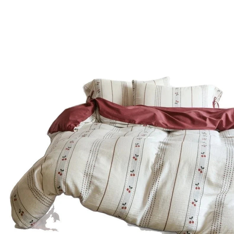 Bedding Set Breathable Cotton Embroidered Stripes & Floral Accents