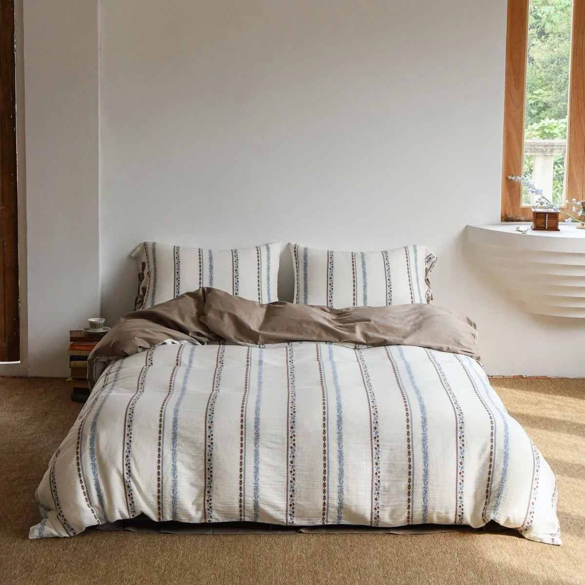 Bedding Set Breathable Cotton Embroidered Stripes & Floral Accents