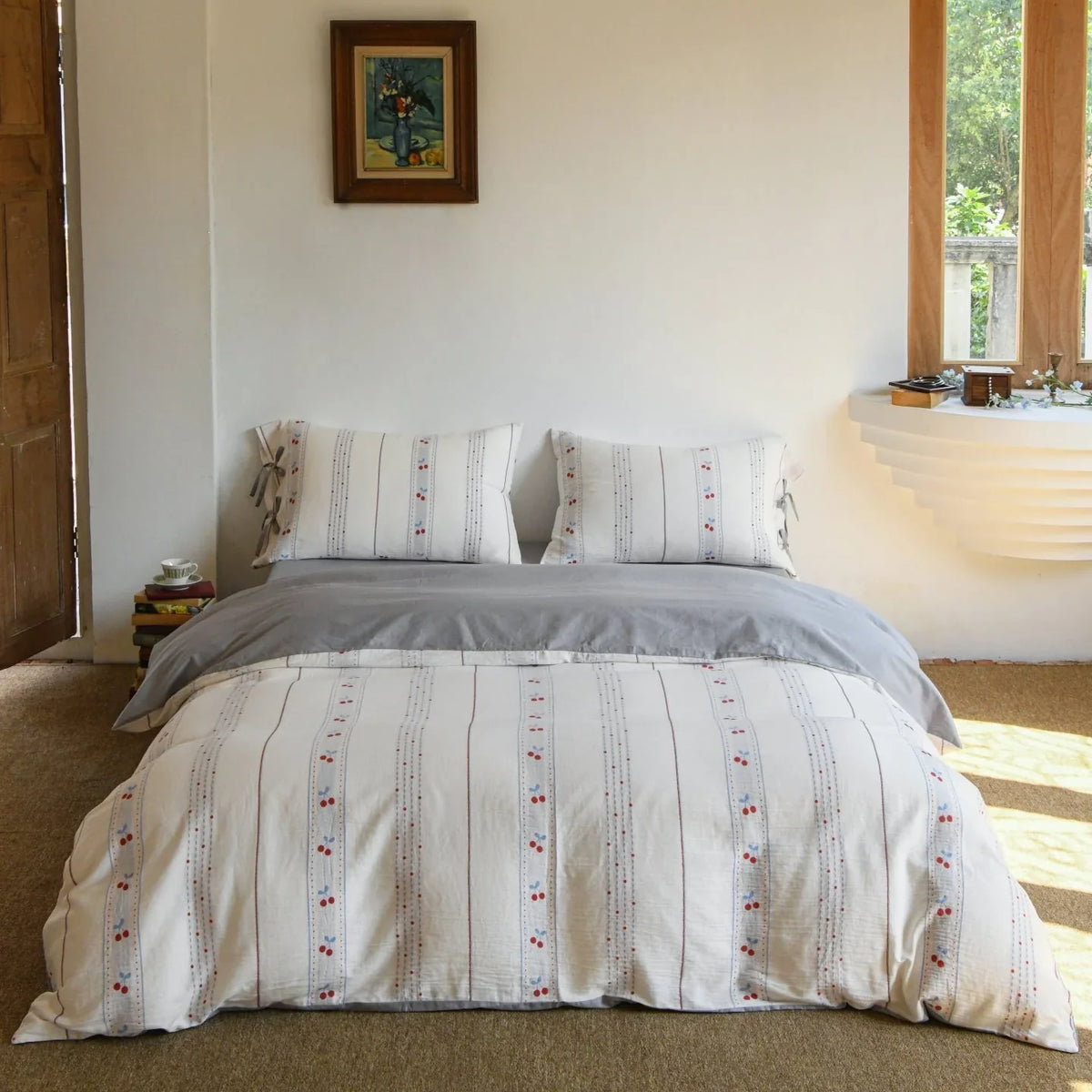 Bedding Set Breathable Cotton Embroidered Stripes & Floral Accents