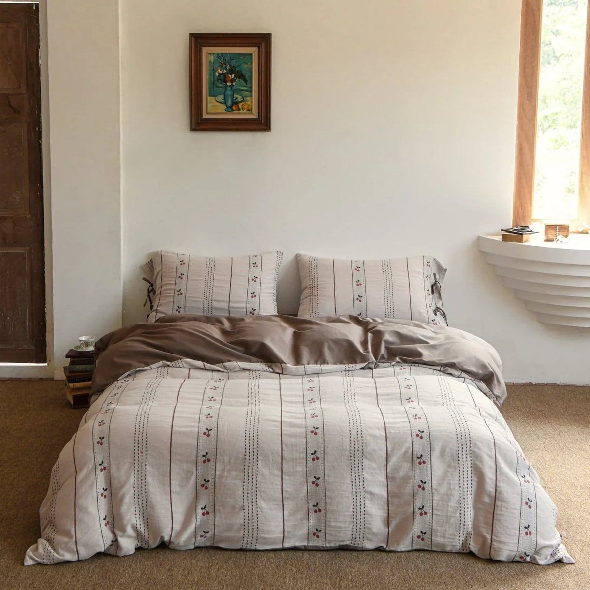 Bedding Set Breathable Cotton Embroidered Stripes & Floral Accents