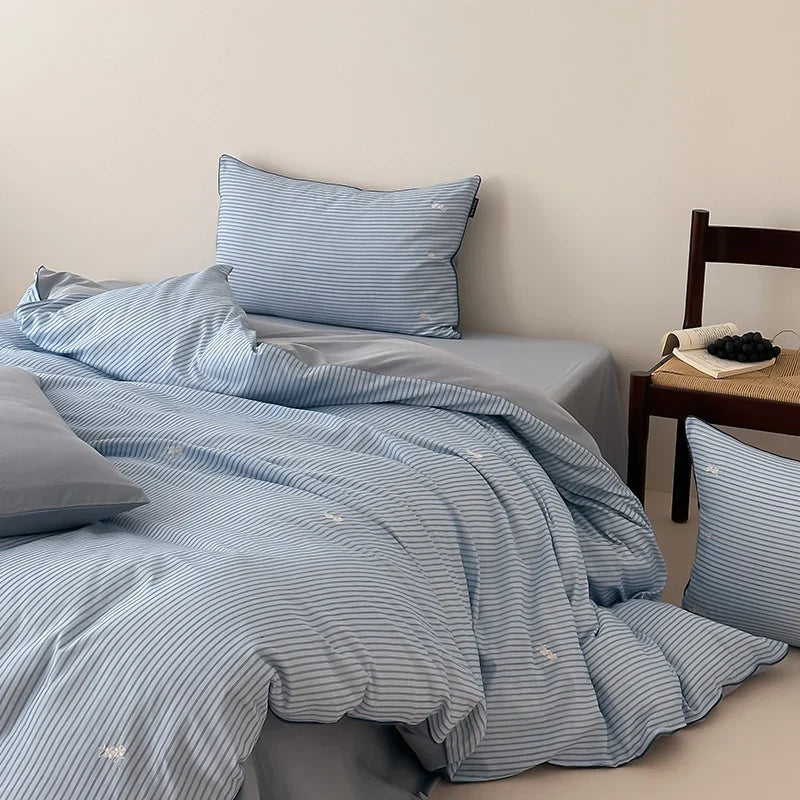Bedding Set Breathable Cotton Fine Stripe Machine-Washable