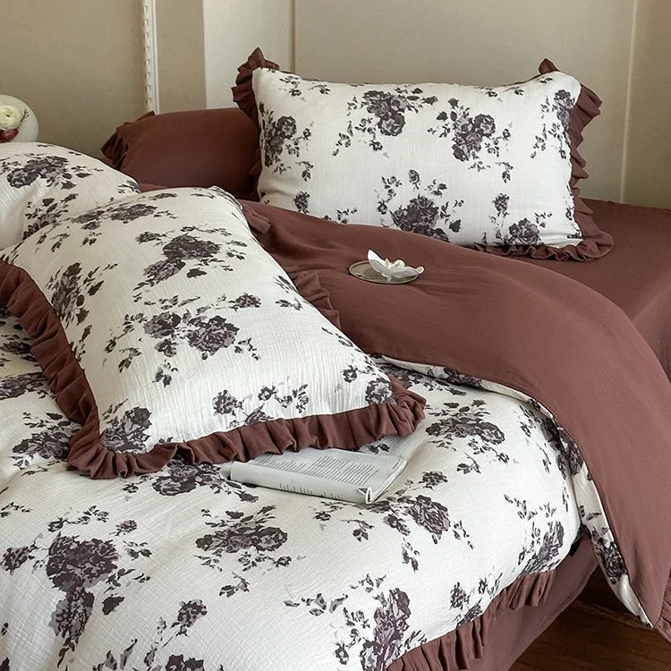 Bedding Set Breathable Cotton Gauze Floral & Ruffle 4-Piece