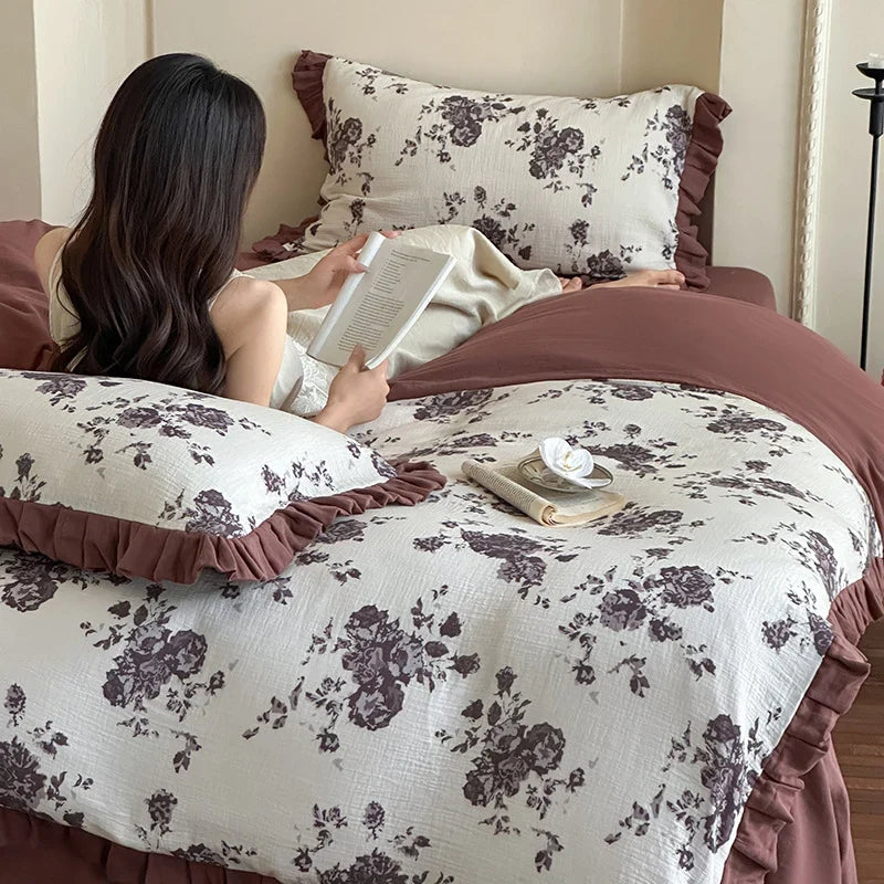 Bedding Set Breathable Cotton Gauze Floral & Ruffle 4-Piece