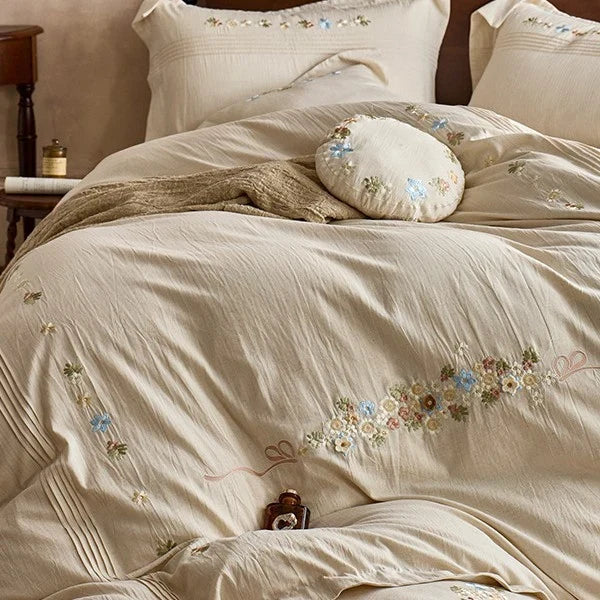 Bedding Set Breathable Cotton Gauze Hand-Stitched Floral Four-Piece