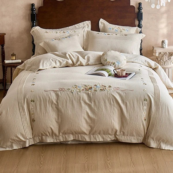 Bedding Set Breathable Cotton Gauze Hand-Stitched Floral Four-Piece