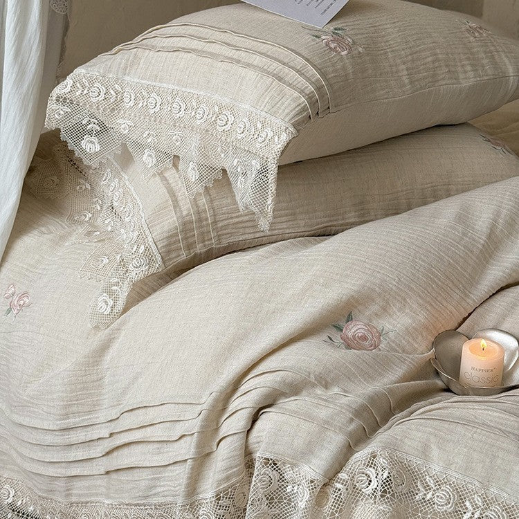 Bedding Set Breathable Cotton Gauze Rose Embroidery