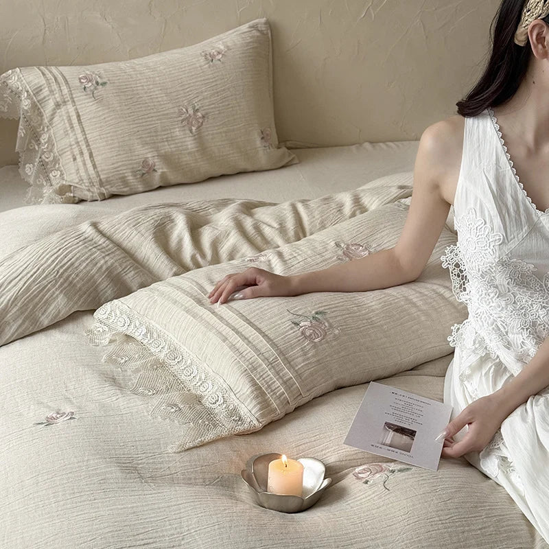 Bedding Set Breathable Cotton Gauze Rose Embroidery