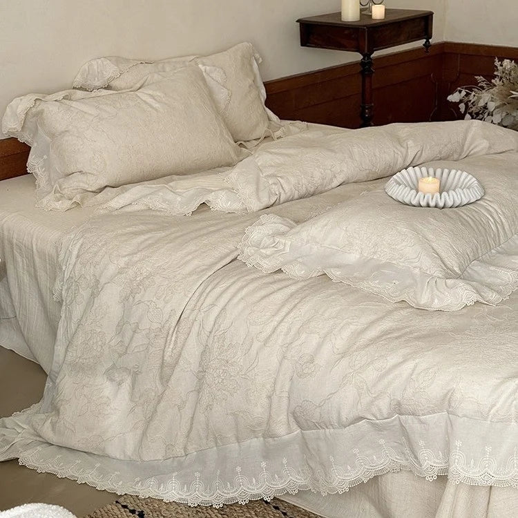 Bedding Set Breathable Cotton Jacquard Floral Lace Trim 4-Piece