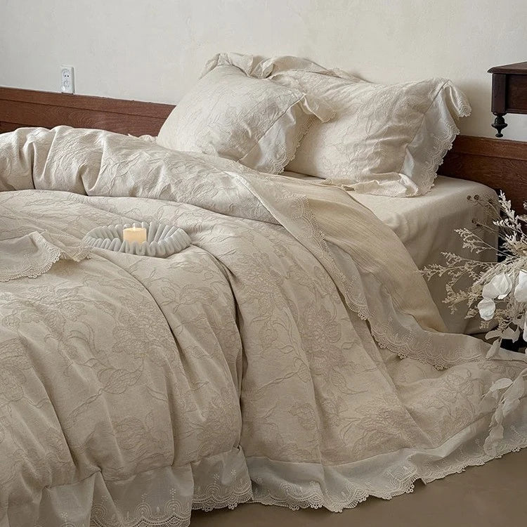 Bedding Set Breathable Cotton Jacquard Floral Lace Trim 4-Piece