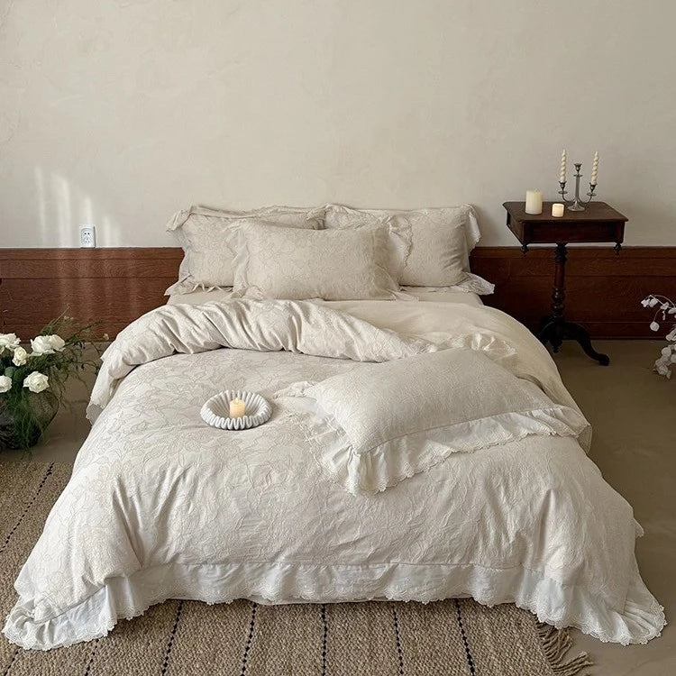 Bedding Set Breathable Cotton Jacquard Floral Lace Trim 4-Piece