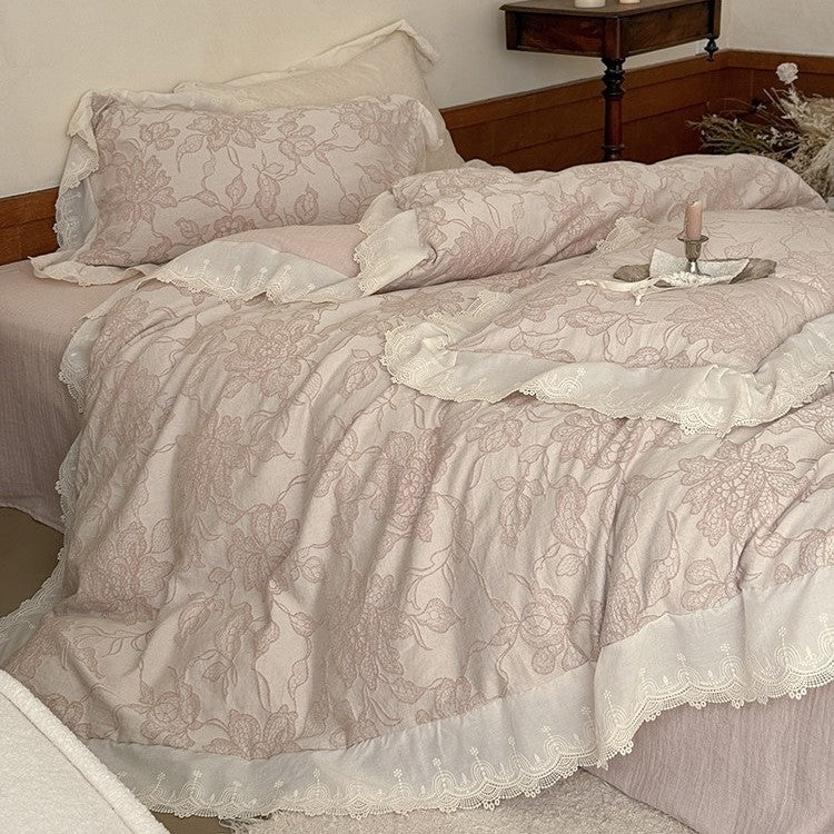 Bedding Set Breathable Cotton Jacquard Floral Lace Trim 4-Piece