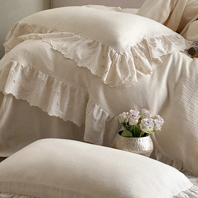 Bedding Set Breathable Cotton-Linen Embroidered Lace Integrated Bed Skirt