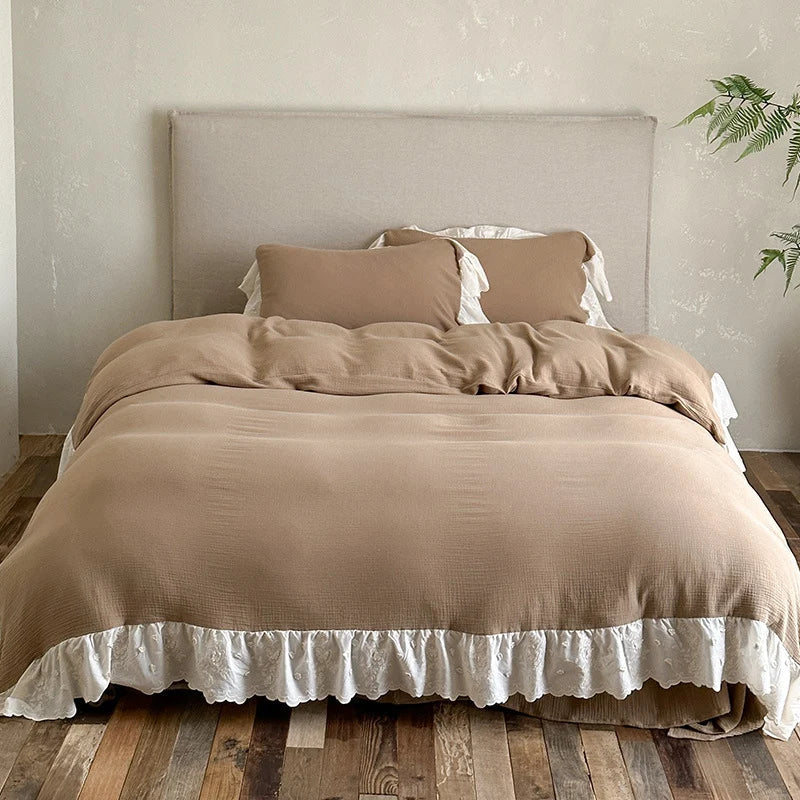 Bedding Set Breathable Cotton-Linen Embroidered Lace Integrated Bed Skirt