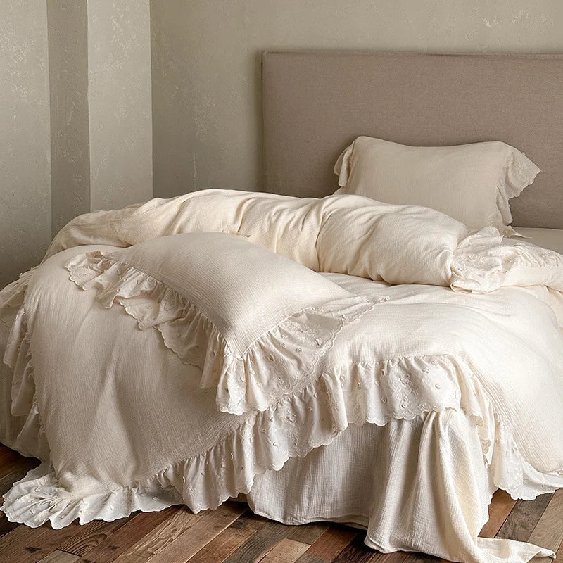 Bedding Set Breathable Cotton-Linen Embroidered Lace Integrated Bed Skirt
