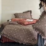 Bedding Set Breathable Cotton-Linen Reversible Polka Dot Ruffled Edges