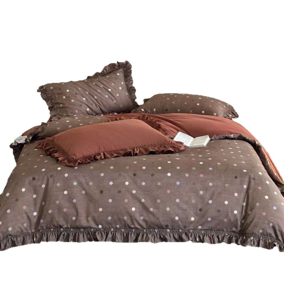 Bedding Set Breathable Cotton-Linen Reversible Polka Dot Ruffled Edges