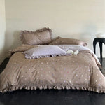 Bedding Set Breathable Cotton-Linen Reversible Polka Dot Ruffled Edges