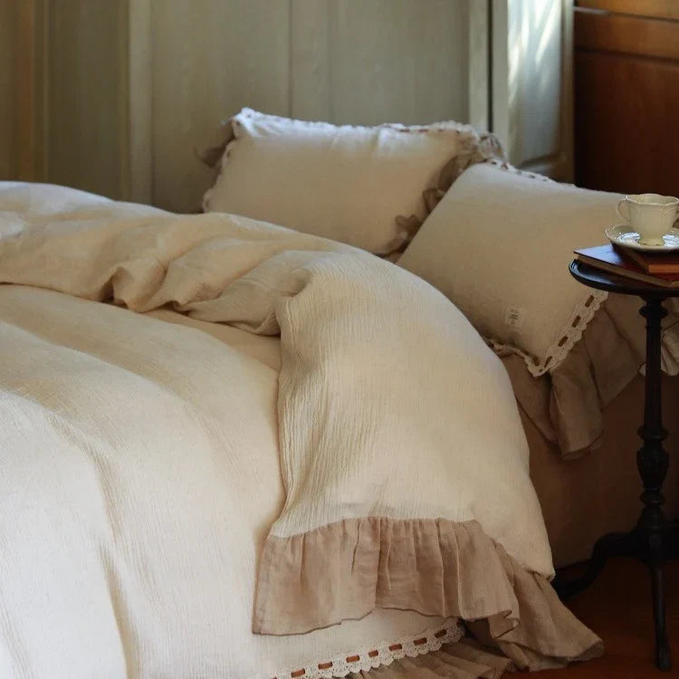Bedding Set Breathable Cotton-Linen Ruffle & Lace Trim