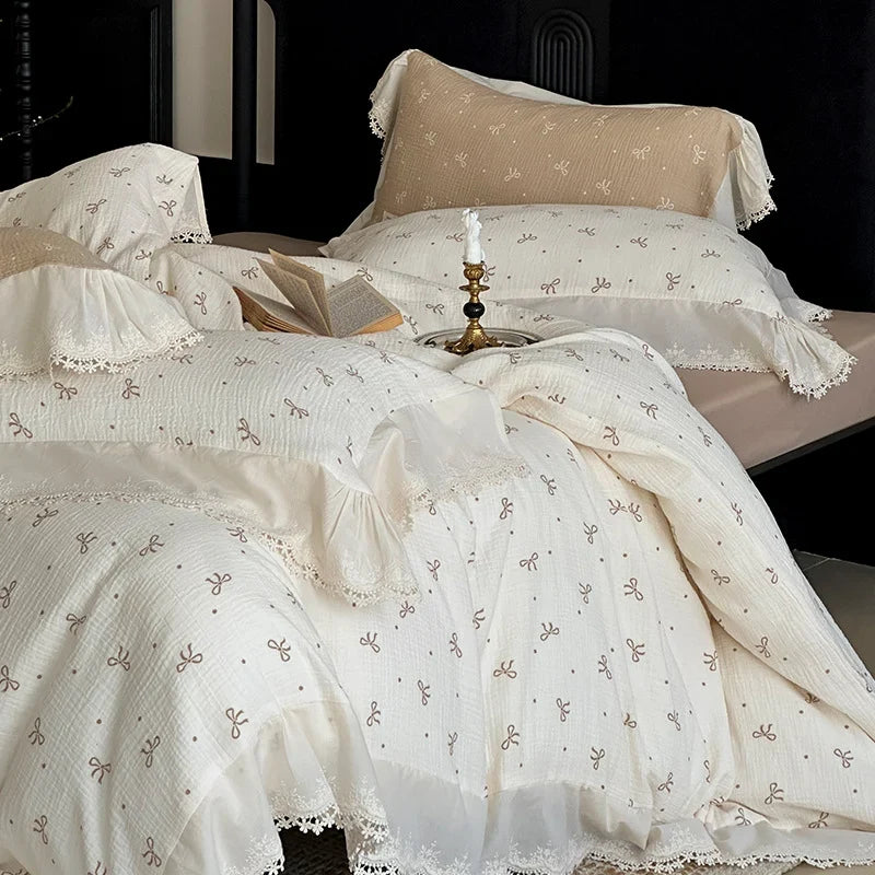 Bedding Set Breathable Cotton Muslin Bow Print Ruffle Trim
