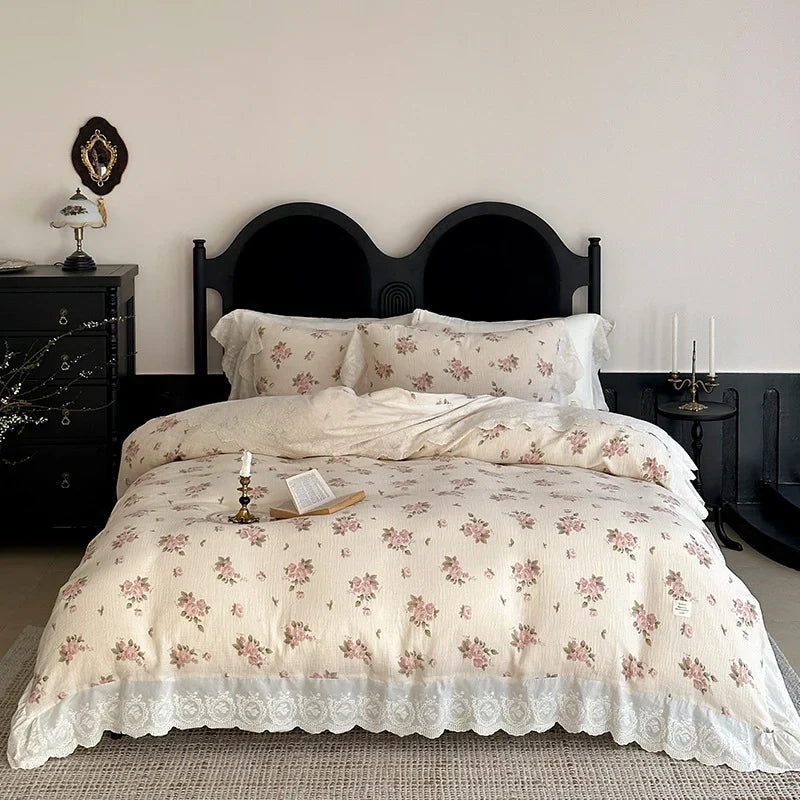 Bedding Set Breathable Cotton Muslin Bow Print Ruffle Trim